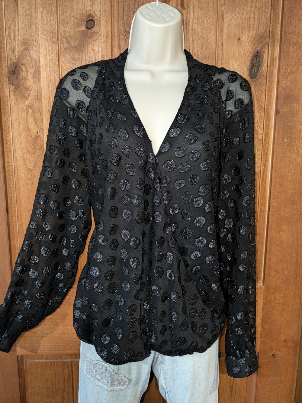 Jennifer Lopez Black Sheer Polka Dot Shimmer Faux Wrap Blouse